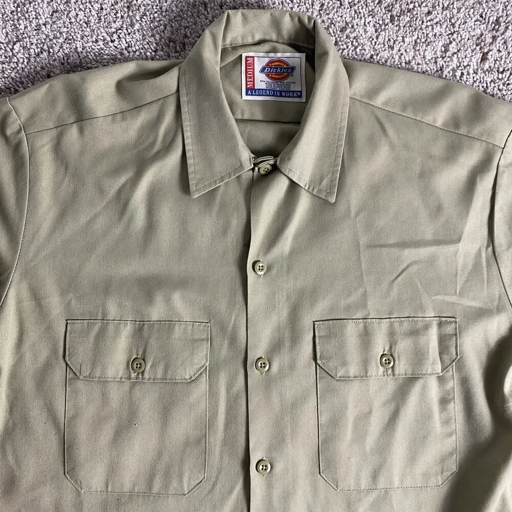 Dickies Work Shirt Mens Medium Long Sleeve Industrial Button Up Khaki Tan Chore